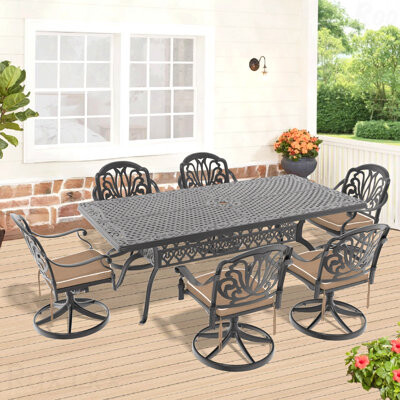 Latitude Run 7-Piece All-Weather Cast Aluminum Dining Set Include 6 Swivel Chairs And Rectangular Table With Black Frame