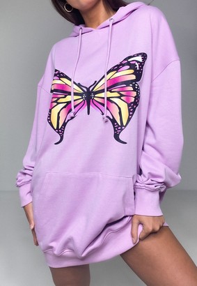 Missguided Lilac Butterfly Print Oversized Hoodie Dress