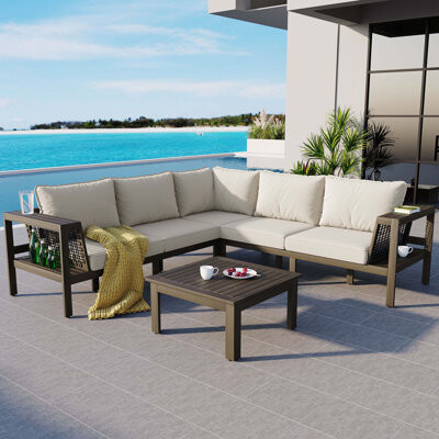Latitude Run 4-Pieces Outdoor L-Shaped Sofa Set With Woven Mesh Armrests & Coffee Table