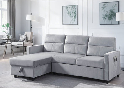 Light Gray 81.5" Velvet Reversible Sleeper Sectional Sofa With Storage Chaise And Side Pocket