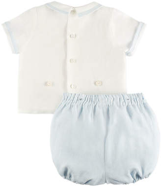 Carrera Pili Short-Sleeve Blouse w/ Button-On Shorts, Blue, Size 3M-2Y