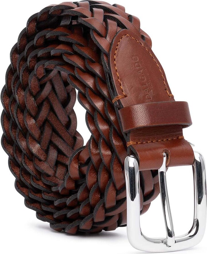 Braided Italian Leather and Linen Belt in Cognac and Navy by
