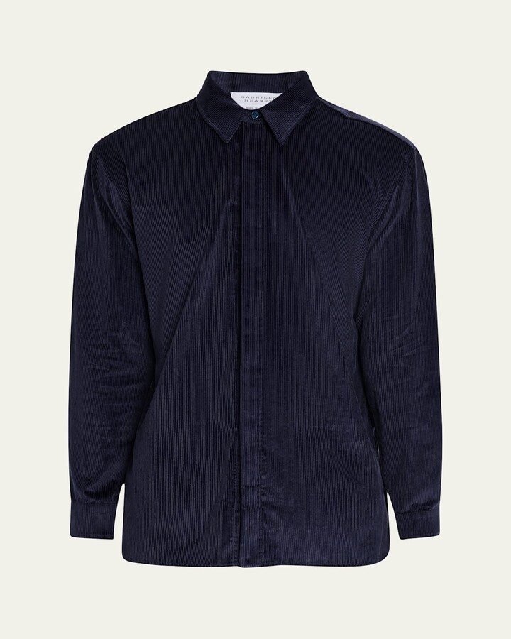 Gabriela Hearst Men's Nicolas Corduroy Concealed-Placket Sport Shirt