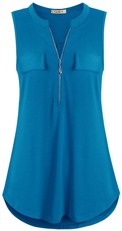 Cyanstyle Womens V Neck Zip Up Casual Tank Top Flaps at Chest Sleeveless Tunic
