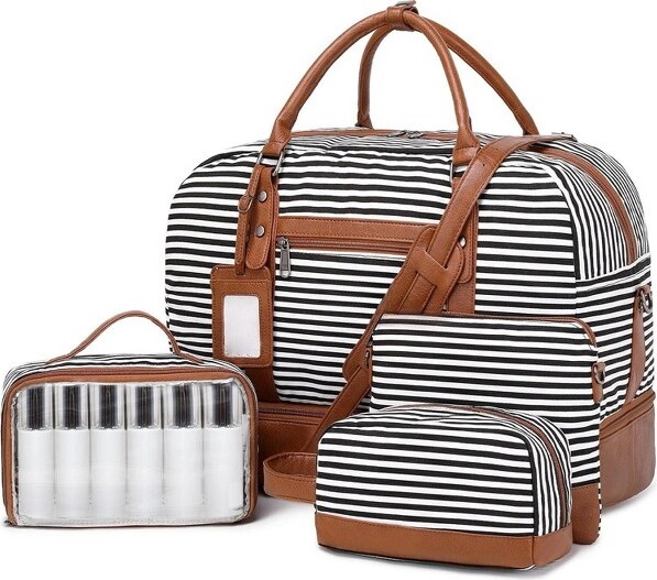 SetSail WeekenderBagsforWomenLargeOvernightBagWeekendTravelDuffelBagCarryonShoulderwithShoeCompartmentBlackWhiteStripeonesize