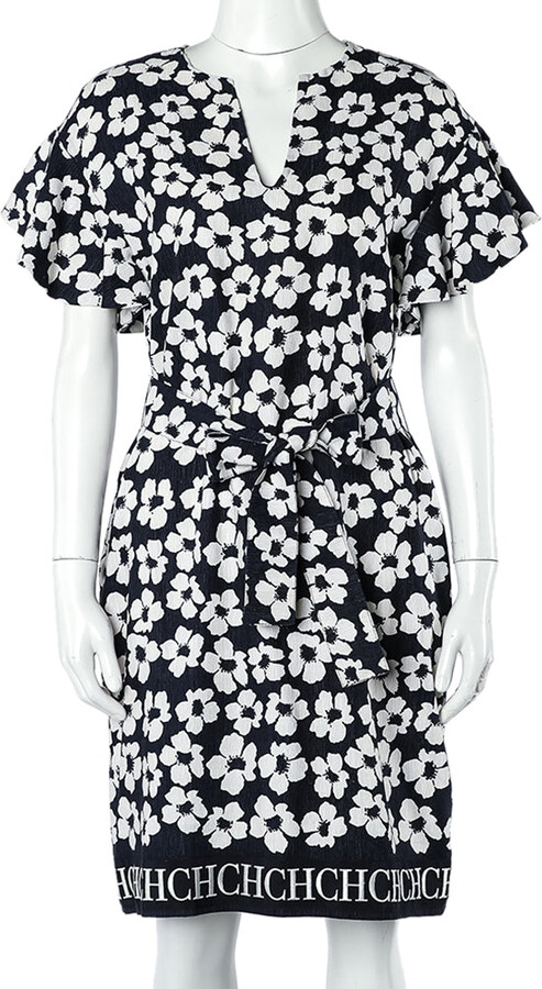CH Carolina Herrera Navy Blue Floral Print Silk & Linen Belted Dress