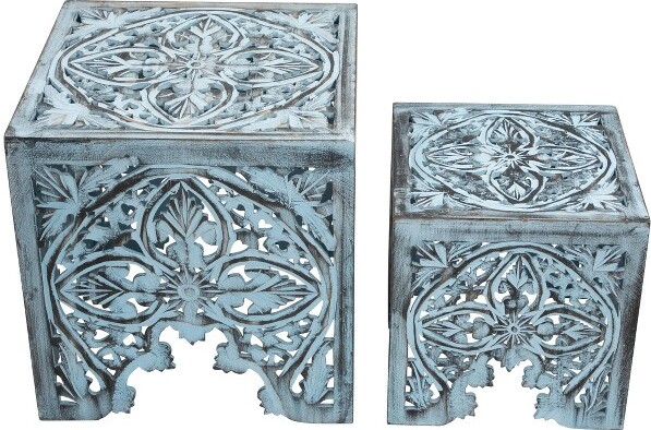 NorthlightSetof2AntiqueBlueSquareStackableNestingSideTableandStool16\