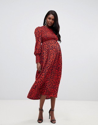 Queen Bee long sleeve shirred bust midi dress in red leopard