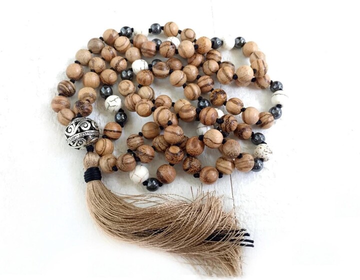 Etsy Wood Mala Beads - Agarwood Necklace Howlite & Hematite Hand Knotted Earthy Unisex 108 Beaded Sari Silk Tassel