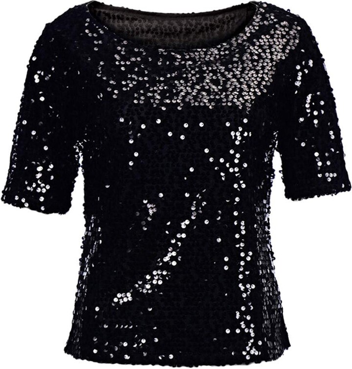 Heimdreschk Women's Short Sleeve Tops Chic Sequin Stitching Tunic Top for  Lady Summer Casual Loose Fit Graphic Tee Shirt Going Out Clothing Round  Neck Baggy T-Shirts Black - ShopStyle Blouses