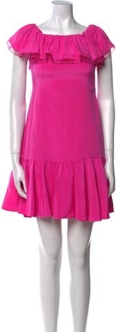 Rebecca Taylor Silk Mini Dress Rebecca Taylor Silk A-Line Dress Pink Eyelet & Ruffle Accents Short Sleeve with Off-The-Shoulder Concealed Zip Closure at Side Designer