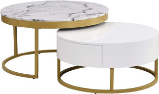 Wrought Studio Modern Round Nesting Coffee Table With Drawers In White And Gold Perfect For Contemporary Living And Space Efficiency