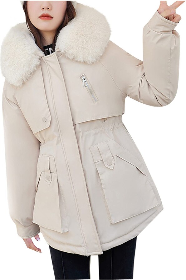 vokkrv 2022 Winter Jacket Women's Quilted Jacket with Removable Faux