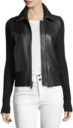Theory Stand-Collar Zip-Front Leather Moto Jacket