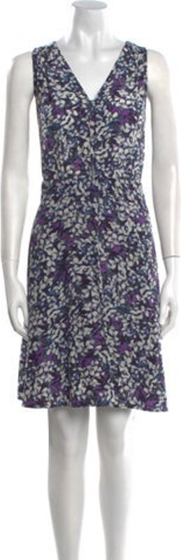 Rebecca Taylor Silk A-Line Dress Purple Floral Print Sleeveless with V-Neck Concealed Zip Closure at Back Designer