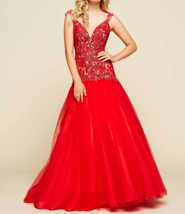 Mac Duggal Beaded Ball Gown In Red/nude