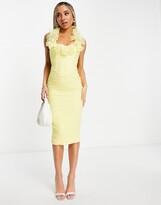 Thumbnail for your product : ASOS DESIGN Bodycon ruffle mesh ruched midi dress in lemon yellow