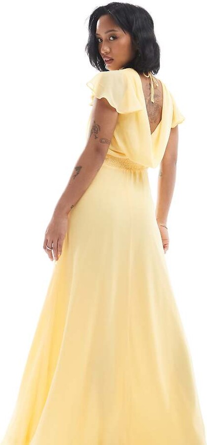 TFNC Petite Bridesmaid flutter sleeve cowl back chiffon maxi dress in lemon