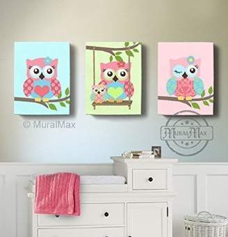 MuralMax - Swinging Family Owls Canvas Decor - Whimsical Owl Collection - Set of 3 - Size - 10 x 12