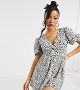 Thumbnail for your product : Miss Selfridge Petite v-neck fit & flare dress in black and white ditsy