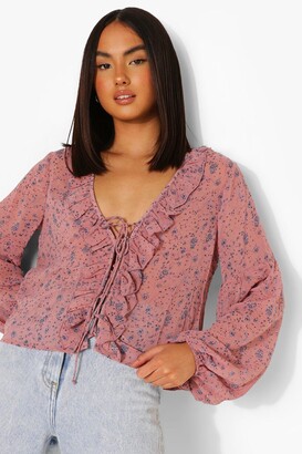 boohoo Woven Floral Lace Up Ruffle Blouse