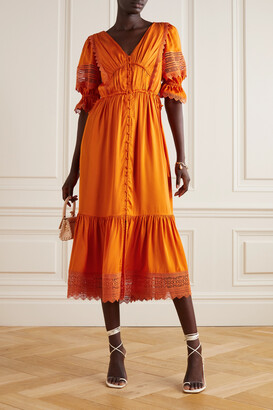 Self-Portrait Lace-trimmed Satin-twill Midi Dress
