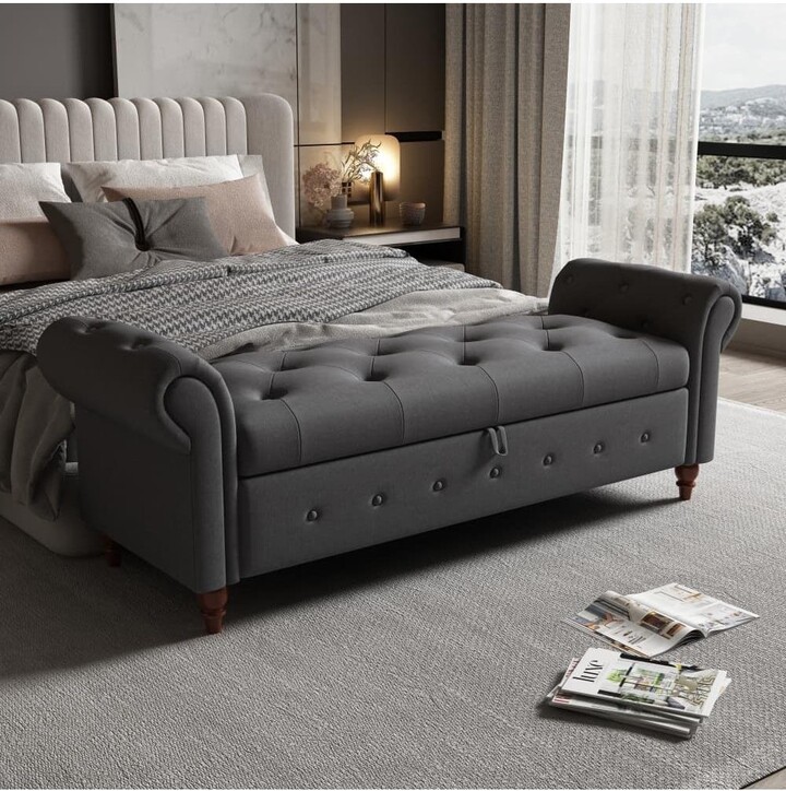 63 Inch Upholstered Storage Bench with Rolled Arms, Tufted Ottoman with Large Hidden Compartment-The Pop Home