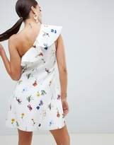 Thumbnail for your product : ASOS Design DESIGN floral one shoulder ruffle a-line mini dress