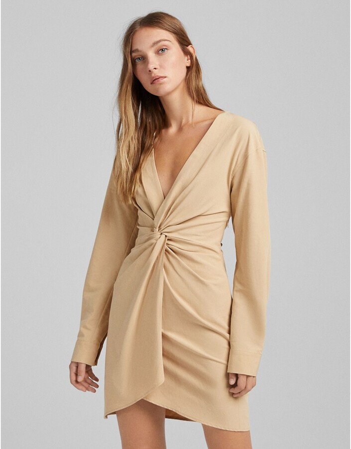 Bershka twist front shirt dress in beige - ShopStyle