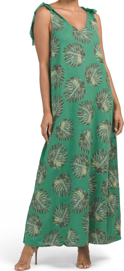 Cristina Vergani Made In Italy Linen Tie Shoulder Palm Print Maxi Dress ...