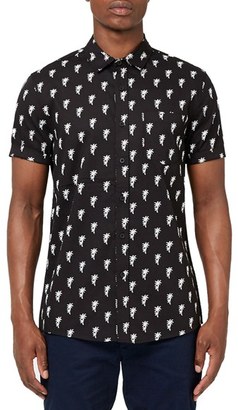 Topman Men's Trim Fit Palm Print Short Sleeve Woven Shirt