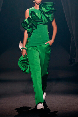 AZ Factory Asymmetric Recycled Duchesse Satin-trimmed Ruffled Stretch-knit Top - Green