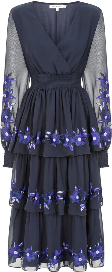 Frock and Frill Blue Tamsin Navy Floral Embroidered Midi Dress With Tiered Skirt
