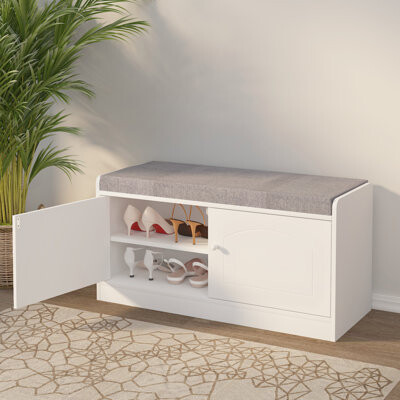 Shoe Storage Bench With 2 Door Cabinet, Entryway Bench With Shoe Storage, Shoe Bench With Cushion, Adjustable Shelves, Shoe Rack Bench For Entrance, H