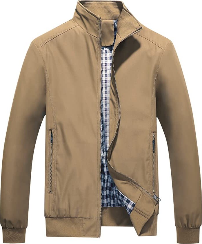 Locachy Men's Stand Collar Softshell Jacket Outerwear Lightweight Zipper Windbreaker Flight Bomber Coat with Shoulder Straps 