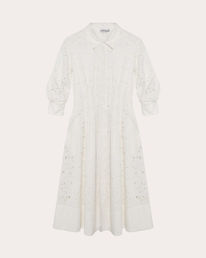 SIMKHAI Jazz Pleated Broderie Anglaise Midi Shirt Dress