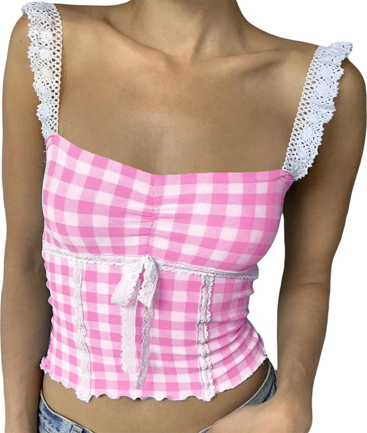 Betrodi Women Y2K Plaid Cami Crop Top Lace Trim Spaghetti Strap