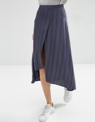ASOS Midi Skirt in Self Stripe with Stepped Hem Detail
