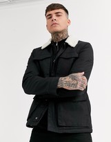 Thumbnail for your product : ASOS DESIGN jacket with wax finish and borg collar in black