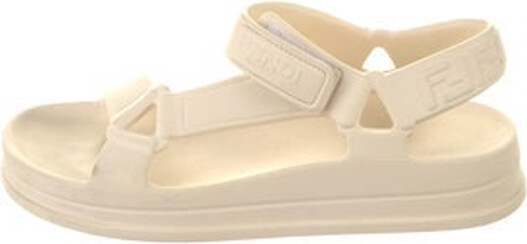 Fendi Rubber Sandals Neutrals Zucca FF Logo Platform Straps & Velcro Closure at Uppers