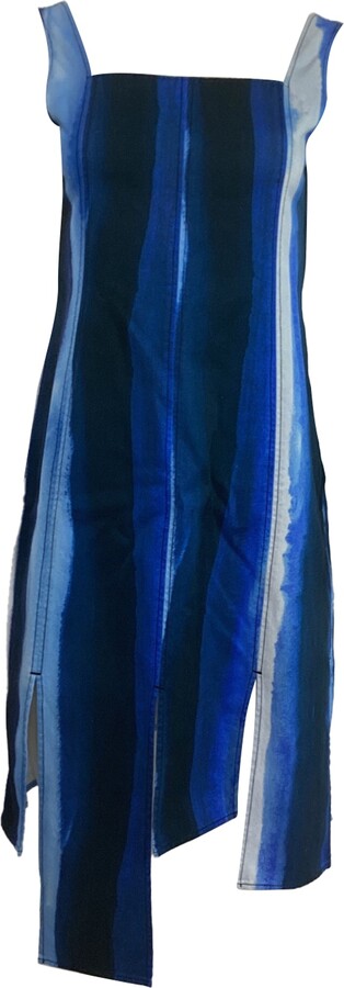 Painted Stripe Midi Asymmetrical Dress in Blue Cotton
