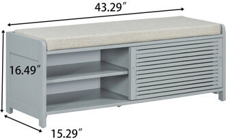 Mid-centry Storage Bench entryway bench bedroom bench with Sliding Shutter Door and Removable Cushion, Shoe Organizer Cabinet with Shelves