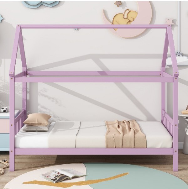 MAYEERTYTwinRubberWoodBedwithHouseFramePink