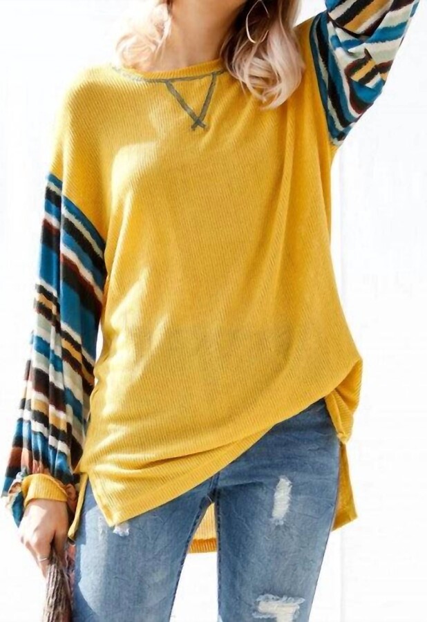 Tribal Striped Sleeve Knit Top In Mustard
