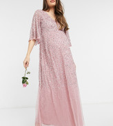 Thumbnail for your product : Maya Maternity Bridesmaid plunge front flutter sleeve delicate sequin maxi dress in pink