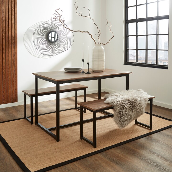 Dunelm Ronan Wave Edge Dining Table and Bench Set Rustic Oak Effect