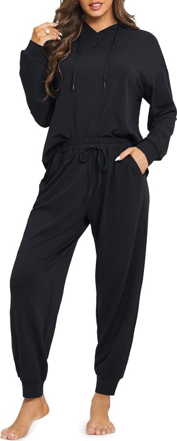 DOBREVA Women's Pajamas Set Long Sleeve Hoodie with Long Pants Loungewear  Tie Dye Kit Black 10 - ShopStyle
