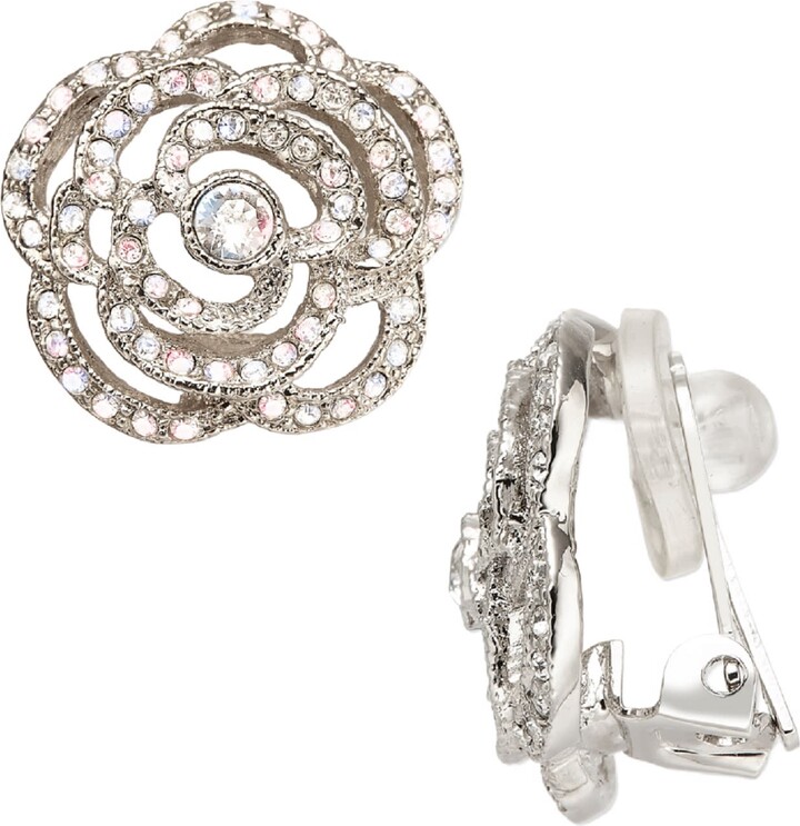 Grosse Silver Platinum & Crystal Flower Clip On Earrings Series Parfum Rose