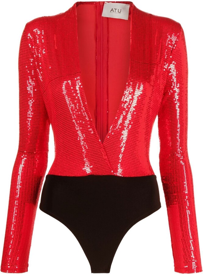 Atu Body Couture plunging V-neck sequined bodysuit - ShopStyle Tops