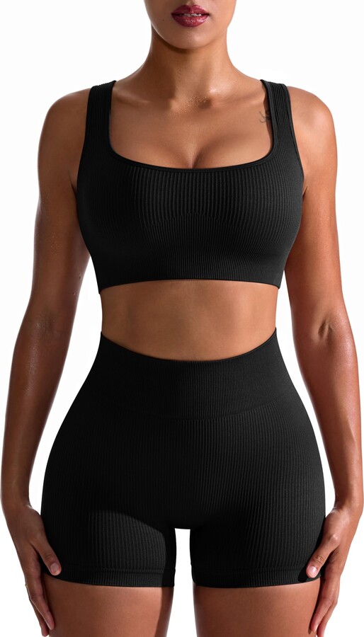 QINSEN Workout Outfits for Women 2 Piece Ribbed Seamless Crop Tank High  Waist Yoga Leggings Sets